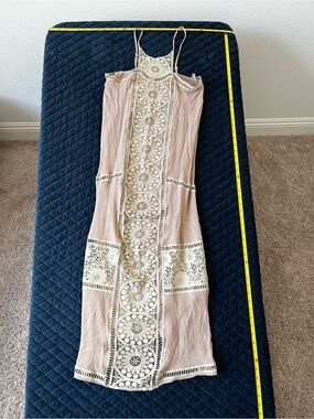 Women’s Cream Crochet-Panel Maxi Dress with Spaghetti Straps